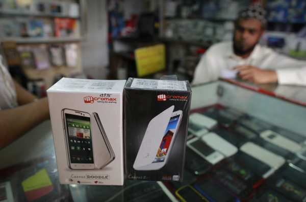 Micromax mobile phones are displayed at a mobile store in Mumbai