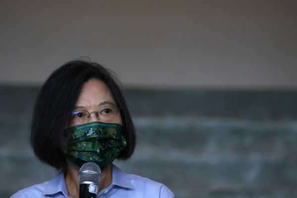 Taiwan President Tsai Ing-wen gives a speech at a navy base in Penghu Islands,