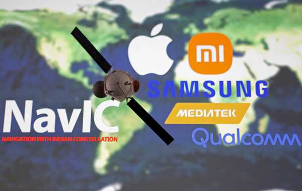 Illustration shows NavIC (Navigation with Indian Constellation), Apple, Xiaomi, Samsung, Mediatek and Qualcomm logos