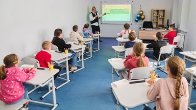A renovated elementary school opened in Hostomel after the destruction