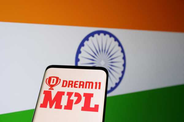 Illustration shows Indian flag, Dream11 and MPL logos