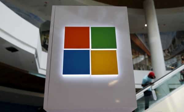 A Microsoft logo is seen at a pop-up site at Roosevelt Field in Garden City