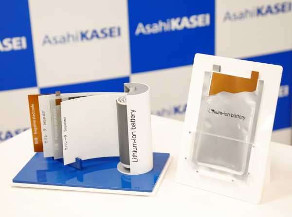 The mock of lithium-ion battery is displayed during a news conference at Asahi Kasei Corporation's Tokyo headquarters in Tokyo