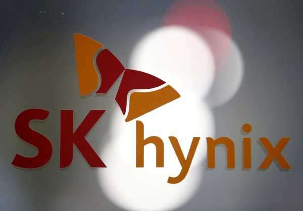 The logo of SK Hynix is seen at its headquarters in Seongnam